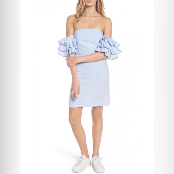 StyleKeepers Off-Shoulder Ruffle Sleeve Dress in Light Blue - Picture 1 of 7